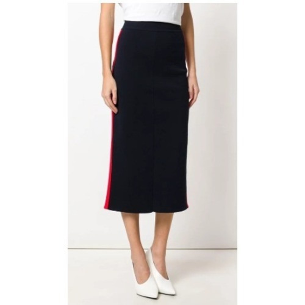 Stella McCartney Side Stripe Ribbed Knit Midi Skirt Womens 2 Navy Red Designer